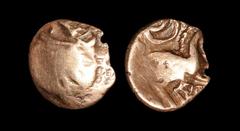 Celtic Iron Age Coins - Iceni - Irstead Smiler Gold Quarter Stater 30-10 BC "Obv: branch. Rev: horse right, large crescent above, pellet-in-annulet below." 0.99 grams. (). "The Brodie Hall, Kent, UK c