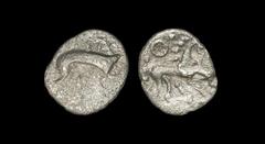 Celtic Iron Age Coins - Iceni - 'Stickman Boar' Silver Half Unit 80-50 BC "Obv: boar right, spear before. Rev: horse right annulet and pellets above, 'stickman' figure below." 0.28 grams. (). "Good fi