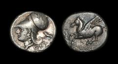Ancient Greek Coins - Corinth - Pegasus Stater (48562) 345-307 BC "Obv: Pegasus flying left; koppa below. Rev: head of Athena left, in laureate Corinthian helmet; A-P under chin, boar standing left be