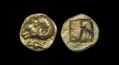 Ancient Greek Coins - Ionia - Phokaia - Ram Electrum Gold Twenty-Fourth Stater 521-478 BC "Obv: forepart of ram left, seal swimming left below. Rev: quadripartite incuse punch." 0.63 grams. (). Very f