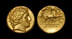 Ancient Greek Coins - Macedonia - Philip II struck under Philip III Arrhidaeus - Biga Gold Stater 291-305 BC Abydus mint. Obv: laureate head of Apollo right. Rev: FILIPPOY beneath charioteer driving g