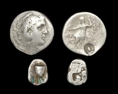 Ancient Greek Coins - Macedonia - Alexander III - Countermarked Tetradrachm and Sinope - Erne Drachm [2] 190-189 BC and 425-410 BC "Alexander III, posthumous issue, Aspendos mint. Obv: head of Herakle