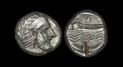 Ancient Greek Coins - Phoenicia - Arados - Galley Plated Stater 367-350 BC "Dated year 12. Obv: laureate and bearded head of Dagon right, the eye almost full, hair in three waves behind the ear. Rev: 