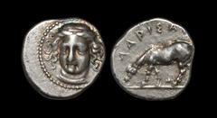 Ancient Greek Coins - Thessaly - Larissa - Horse Grazing Drachm 405-370 BC "Obv: head of the nymph Larissa facing slightly left. Rev: LARISAI legend above horse grazing left, grass under nose; publish