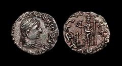 Ancient Greek Coins - Indo-Greek - Hermaios - Zeus Drachm 90-70 BC "Obv: BASILEWS SWSTHROS ERMAIOY, diademed head of king right. Rev: Karosthi legend around, Zeus, laureate, seated left on throne with