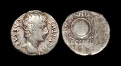 Ancient Roman Imperial Coins - Augustus - Head of Octavian Denarius 19-18 BC Colonia Patricia mint. CAESAR AVGVSTVS legend with bare head right. Rev: SIGNIS RECEPTIS legend above and beneath round shi
