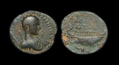 Ancient Roman Imperial Coins - Elagabalus - Galley Gadara 218-222 AD "Obv: AV K M AVR ANTWNINOC legend with radiate, draped and cuirassed bust right. Rev: POMP-GADAREWN-BPC legend and date in three li