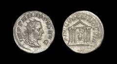 Ancient Roman Imperial Coins - Philip I - Temple Antoninianus 249 AD "Rome mint. Obv: IMP PHILIPPVS AVG legend with radiate, draped and cuirassed bust right. Rev: SAECVLVM NOVVM legend with hexastyle 