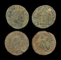 Ancient Roman Imperial Coins - Maxentius and Galerius - Large Folles Group [2] 307-308 AD and 295 AD "Maxentius, Ticinum mint. Obv: MAXENTIVS PF AVG legend with laureate head right. Rev: CONSERV-VRB S