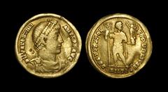 Ancient Roman Imperial Coins - Valentinian I - Emperor Standing Gold Solidus 364-375 AD "Antioch mint. Obv: DN VALENTINI-ANVS PF AVG legend with pearl-diademed, draped, and cuirassed bust right. Rev: 