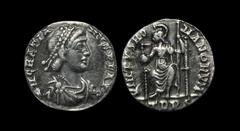 Ancient Roman Imperial Coins - Gratian - Roma Siliqua 378-383 AD "Trier mint. Obv: DN GRATIA-NVS PF AVG legend with pearl-diademed, draped and cuirassed bust right. Rev: VIRTVS RO-MANORVM legend with 