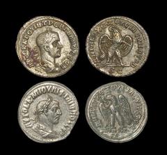 Ancient Roman Imperial Coins - Trebonianus Gallus and Philip I - Eagle Tetradrachm Group [2] 249-252 AD "Trebonianus Gallus, second issue, Antioch mint. Obv: AYTOK K G OYIB TREB GALLOC CEB legend with