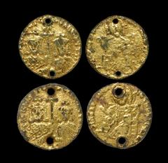 Ancient Byzantine Coins - Basil I and Constantine - Gilded Pseudo-Solidus Pair Original struck 867-886 AD "Copying the solidus of Constantinople mint. Obv +IhS XPS REX REGNANTIUM legend with Christ, n