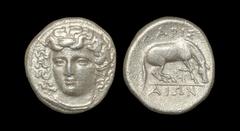 Ancient Greek Coins - Thessaly - Larissa - Horse Grazing Drachm 356-342 BC. Obv: head of the nymph Larissa facing slightly left, with hair in ampyx. Rev: LARIS-AIWN legend above and beneath horse righ