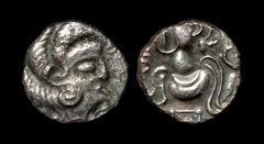 Celtic Iron Age Coins - Coriosolites - Swan's Neck and Banner Silver Quarter Stater 40-10 BC. Obv: Armorican-style head right with three large hair-locks, slit eye and scroll issuing from mouth. Rev: 
