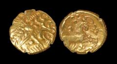 Celtic Iron Age Coins - Catuvellauni - Early Whaddon Chase Cogwheel Gold Stater 55-45 BC. Obv: wreath motif with inward facing leaves and ornaments in angles. Rev: horse right with beaded mane, wing m
