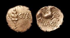 Celtic Iron Age Coins - Catuvellauni - Agr- Horse Gold Quarter Stater 35-43 AD. Obv: corn ear without central stalk with [CA]M to left and CVN to right. Rev: horse rearing right with AGR below. The Br
