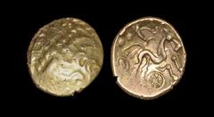 Celtic Iron Age Coins - South Thames - Selsey Two-Faced Gold Stater 55-45 BC. Obv: abstract wreath pattern with hidden face. Rev: triple-tailed horse right, charioteer's arms and pellets above, trefoi