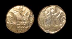 Celtic Iron Age Coins - Iceni - Irstead Smiler Gold Quarter Stater 30-10 BC. Obv: branch. Rev: horse right, large crescent above, pellet-in-annulet below. The Brodie Hall, Kent, UK, collection; acquir