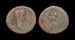 Ancient Roman Imperial Coins - Claudius - 'NCAPR' Countermarked Triumphal Arch Sestertius 54-68 AD. Countermarked under Nero. Obv: TI CLAVDIVS CAESAR AVG P M TR P legend with laureate head right with 