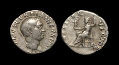 Ancient Roman Imperial Coins - Vitellius - Jupiter Denarius 69 AD. Rome mint. Obv: A VITELLIVS GERMANICVS IMP legend with bare head right. Rev: IVPPITER VICTOR legend with Jupiter seated left, naked t