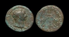 Ancient Roman Imperial Coins - Trajan - Temple Dupondius 103-111 AD. Rome mint. Obv: IMP CAES NERVAE TRAIANO AVG GER DAC PM TR P COS V PP legend with radiate head right, slight drapery on left shoulde