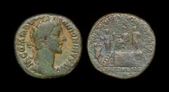 Ancient Roman Imperial Coins - Commodus - Emperor on Platform Sestertius 180 AD. Rome mint. Obv: M COMMODVS ANTONINVS AVG legend with laureate head right. Rev: TR P V IMP IIII COS II P P legend around