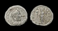 Ancient Roman Imperial Coins - Macrinus - Liberalitas Denarius 217-218 AD. Rome mint. Obv: IMP C M OPEL SEV MACRINVS AVG legend with laureate, draped bust right. Rev: LIBERALITAS AVG legend with Liber