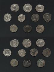 Ancient Roman Imperial Coins - Mixed Denarii Group [10] . Group comprising: Trajan, with Virtus standing right, left foot on helmet; Severus Alexander, with Sol standing left, holding whip; Geta, with