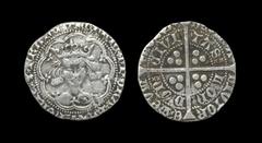 English Medieval Coins - Henry V - London - Class C Groat 1413-1422 AD. Class C. Obv: facing bust with mullet on right shoulder in tressure with +HENRIC DI GRA REX ANGLIE Z FRANC legend with quatrefoi