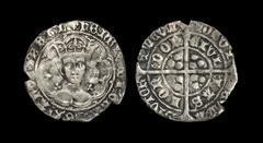 English Medieval Coins - Henry VI - London - Trefoil Groat 1438-1443 AD. Obv: facing bust with leaf on breast in tressure with fleurs and pellets to spandrels and trefoils by bust with +HENRIC DI GRA 