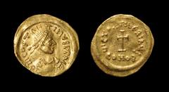Byzantine Coins - Tiberius II Constantine - Gold Cross Potent Tremissis 578-582 AD. Ravenna mint. Obv: Dm COSTANTINVS PP AV (sic) legend with pearl-diademed, draped and cuirassed bust right. Rev: UICT