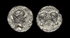 Ancient Roman Imperial Coins - Vespasian - Titus and Domitian Portrait Denarius 69-70 AD. Ephesos mint. Obv: IMP CAES VESPAS AVG COS II TR P PP legend with laureate head right. Rev: LIBERI IMP AVG VES