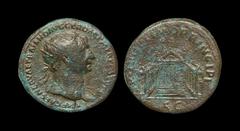 Ancient Roman Imperial Coins - Trajan - Temple Dupondius 103-111 AD. Rome mint. Obv: IMP CAES NERVAE TRAIANO AVG GER DAC PM TR P COS V PP legend with radiate head right, slight drapery on left shoulde
