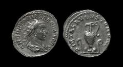 Ancient Roman Imperial Coins - Herennius Etruscus - Priestly Implements Antoninianus 250-251 AD. Rome mint. Obv: Q HER ETR MES DECIVS NOB C legend with radiate and draped bust right. Rev: PIETAS AVGVS