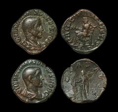 Ancient Roman Imperial Coins - Herennius Etruscus - Apollo and Pietas Sestertii Group [2] 250-251 AD. Rome mint. Obv: Q HER ETR MES DECIVS NOB C legend with bare-headed, draped and cuirassed bust righ