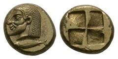 Ancient Greek Coins- Kyzikos - Electrum Hekte 550-500 BC. Obv: bearded archaic male head left, tunny fish left below. Rev: quadripartite incuse square. 2.64 grams. Rosen 447; Greenwell, Cyzicus 78; Pa