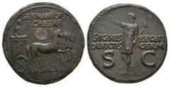 Ancient Roman Imperial Coins - Germanicus (under Caligula) - Quadriga Dupondius 37-41 AD. Rome mint. Obv: GERMANICVS CAESAR legend with Germanicus in quadriga right. Rev: SIGNIS RECEP DEVICTIS GERM le