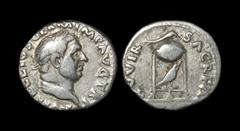 Ancient Roman Imperial Coins - Vitellius - Altar with Raven Denarius 69 AD. Rome mint. Obv: A VITELLIVS GERM IMP AVG TR P legend with laureate head right. Rev: XV VIR SACR FAC legend with tripod altar