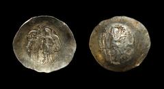 Ancient Byzantine Coins - Isaac II - Electrum Aspron Trachy 1185-1195 AD. Constantinople mint. Obv: MP-QV abbreviated legend to left and right of Mary, nimbate, seated front, holding before her the ni
