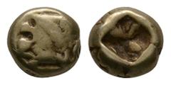 Ancient Greek Coins - Alyattes - Lion Electrum Hemihekte 620-539 BC. Struck under the Alyattes, Sardes mint. Obv: head of roaring lion right, sun with no rays on forehead. Rev: incuse square punch. 1.
