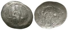 Ancient Byzantine Coins - Constantine X Ducas - Silver Histamenon 1059-1067 AD. Constantinople mint. Obv: +IhS XIS REX REGNANTInM legend with Christ seated facing on bench throne with straight back, h
