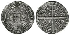 English Medieval Coins - Edward III - Calais - Treaty Groat 1363-1369 AD. Obv: facing bust with annulet on breast and +EDWARD DEI G REX ANGL DNS HYB Z AQT legend with double annulet stops. Rev: long c