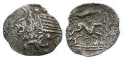 Celtic Iron Age Coins - Iceni - Barley Boar Half Unit 1st century BC. Obv: small boar right with standard above right, bent spear to boar's shoulder and palm branch (or barley ear?) to left, annulet-e