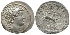 Ancient Greek Coins - Seleucid - Antiochos VI Dionysos - Dioskuri Tetradrachm 144-142 BC. Antioch, dated year 169 (144-143 BC"). Obv: radiate and diademed head of Antiochos right. Rev: BASILEWS ANTIOX