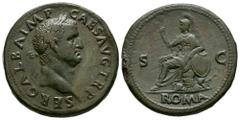 Ancient Roman Imperial Coins - Galba - Roma Sestertius 68-69 AD. Rome mint. Obv: SER GALBA IMP CAES AVG TR P legend with laureate head right. Rev: ROMA legend in exergue with Rome seated left on cuira