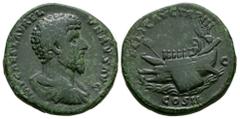 Ancient Roman Imperial Coins - Lucius Verus - Galley Sestertius 163 AD. Rome mint. Obv: IMP CAES L AVREL VERVS AVG legend with bare-headed, draped and cuirassed bust right. Rev: FELIC AVG TRP III lege