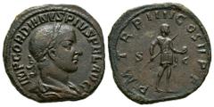 Ancient Roman Imperial Coins - Gordian III - Emperor Standing Sestertius 240 AD. Rome mint. Obv: IMP GORDIANVS PIVS FEL AVG legend with laureate, draped and cuirassed bust right. Rev: PM TR P IIII COS