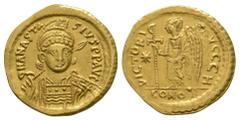 Ancient Byzantine Coins - Anastasius - Gold Victory Solidus 491-518 AD. Constantinople mint. Obv: D N ANASTA-SIVS PP AVG legend with helmeted and cuirassed bust, three-quarters facing to right, holdin
