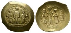 Ancient Byzantine Coins- Romanus IV - Triple Portrait Gold Histamenon 1068-1071 AD. Constantinople mint. Obv: +RWMAN EVDOKIA legend with Christ standing facing on footstool, wearing nimbus cross, and 